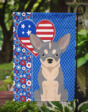 Load image into Gallery viewer, Blue and White Chihuahua Patriotic Heart Garden Flag – Red, White &amp; Blue Dog Decor with Star Background