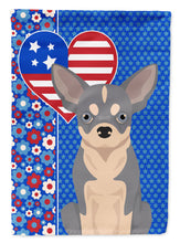 Load image into Gallery viewer, Blue and White Chihuahua Patriotic Heart Garden Flag – Red, White &amp; Blue Dog Decor with Star Background