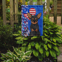 Load image into Gallery viewer, Black and Tan Chihuahua Patriotic Heart Garden Flag – Red, White &amp; Blue Dog Decor with Star Background