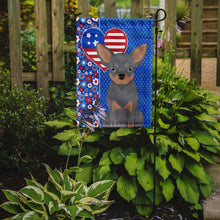Load image into Gallery viewer, Blue and Tan Chihuahua Patriotic Heart Garden Flag – Red, White &amp; Blue Dog Decor with Star Background