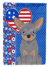 Load image into Gallery viewer, Blue and Tan Chihuahua Patriotic Heart Garden Flag – Red, White &amp; Blue Dog Decor with Star Background