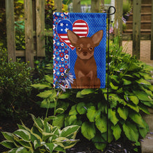 Load image into Gallery viewer, Chocolate and Tan Chihuahua Patriotic Heart Garden Flag – Red, White &amp; Blue Dog Decor with Star Background