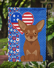 Load image into Gallery viewer, Chocolate and Tan Chihuahua Patriotic Heart Garden Flag – Red, White &amp; Blue Dog Decor with Star Background