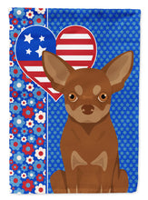 Load image into Gallery viewer, Chocolate and Tan Chihuahua Patriotic Heart Garden Flag – Red, White &amp; Blue Dog Decor with Star Background