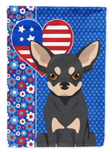 Load image into Gallery viewer, Black and Cream Chihuahua Patriotic Heart Garden Flag – Red, White &amp; Blue Dog Decor with Star Background