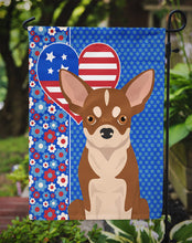 Load image into Gallery viewer, Red and White Chihuahua Patriotic Heart Garden Flag – Red, White &amp; Blue Dog Decor with Star Background