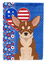 Load image into Gallery viewer, Red and White Chihuahua Patriotic Heart Garden Flag – Red, White &amp; Blue Dog Decor with Star Background