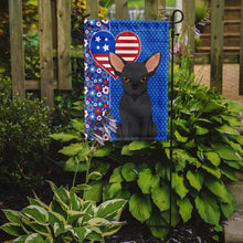 Load image into Gallery viewer, Black Chihuahua Patriotic Heart Garden Flag – Red, White &amp; Blue Dog Decor with Star Background