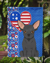Load image into Gallery viewer, Black Chihuahua Patriotic Heart Garden Flag – Red, White &amp; Blue Dog Decor with Star Background