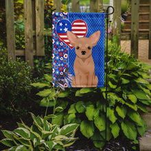 Load image into Gallery viewer, Cream Chihuahua Patriotic Heart Garden Flag – Red, White &amp; Blue Dog Decor with Star Background