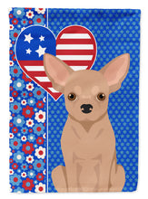Load image into Gallery viewer, Cream Chihuahua Patriotic Heart Garden Flag – Red, White &amp; Blue Dog Decor with Star Background