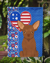 Load image into Gallery viewer, Chocolate Chihuahua Patriotic Heart Garden Flag – Red, White &amp; Blue Dog Decor with Star Background