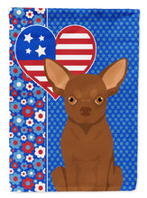 Load image into Gallery viewer, Chocolate Chihuahua Patriotic Heart Garden Flag – Red, White &amp; Blue Dog Decor with Star Background