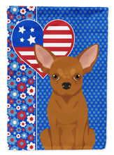 Load image into Gallery viewer, Red Chihuahua Patriotic Heart Garden Flag – Red, White &amp; Blue Dog Decor with Star Background