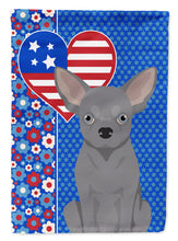 Load image into Gallery viewer, Blue Chihuahua Patriotic Heart Garden Flag – Red, White &amp; Blue Dog Decor with Star Background