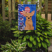 Load image into Gallery viewer, Gold Chihuahua Patriotic Heart Garden Flag – Red, White &amp; Blue Dog Decor with Star Background
