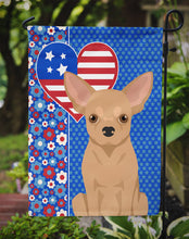 Load image into Gallery viewer, Gold Chihuahua Patriotic Heart Garden Flag – Red, White &amp; Blue Dog Decor with Star Background