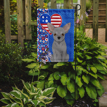 Load image into Gallery viewer, Silver Chihuahua Patriotic Heart Garden Flag – Red, White &amp; Blue Dog Decor with Star Background