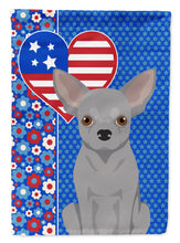 Load image into Gallery viewer, Silver Chihuahua Patriotic Heart Garden Flag – Red, White &amp; Blue Dog Decor with Star Background