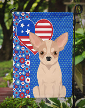 Load image into Gallery viewer, Fawn and White Chihuahua Patriotic Heart Garden Flag – Red, White &amp; Blue Dog Decor with Star Background