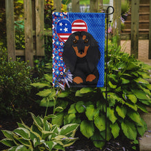 Load image into Gallery viewer, Longhair Black and Tan Dachshund Patriotic Heart Garden Flag – Red, White &amp; Blue Dog Decor with Star Background
