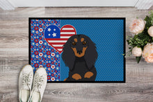Load image into Gallery viewer, Longhair Black and Tan Dachshund USA American Doormat - 24x36 Decorative Floor Mat – Indoor/Outdoor Rug with Artistic Flair