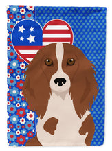 Load image into Gallery viewer, Longhair Red Pedbald Dachshund Patriotic Heart Garden Flag – Red, White &amp; Blue Dog Decor with Star Background