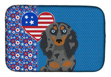 Load image into Gallery viewer, Longhair Blue and Tan Dapple Dachshund USA American Dish Drying Mat – Absorbent, Artistic Kitchen Essentials