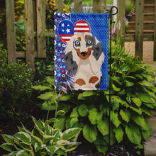 Load image into Gallery viewer, Longhair Cream Dapple Dachshund Patriotic Heart Garden Flag – Red, White &amp; Blue Dog Decor with Star Background