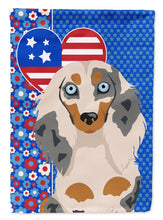 Load image into Gallery viewer, Longhair Cream Dapple Dachshund Patriotic Heart Garden Flag – Red, White &amp; Blue Dog Decor with Star Background