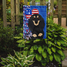 Load image into Gallery viewer, Longhair Black and Cream Dachshund Patriotic Heart Garden Flag – Red, White &amp; Blue Dog Decor with Star Background