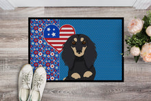 Load image into Gallery viewer, Longhair Black and Cream Dachshund USA American Doormat - 24x36 Decorative Floor Mat – Indoor/Outdoor Rug with Artistic Flair
