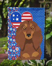 Load image into Gallery viewer, Longhair Chocolate and Tan Dachshund Patriotic Heart Garden Flag – Red, White &amp; Blue Dog Decor with Star Background