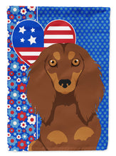 Load image into Gallery viewer, Longhair Chocolate and Tan Dachshund Patriotic Heart Garden Flag – Red, White &amp; Blue Dog Decor with Star Background