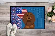 Load image into Gallery viewer, Longhair Chocolate and Tan Dachshund USA American Doormat - 24x36 Decorative Floor Mat – Indoor/Outdoor Rug with Artistic Flair