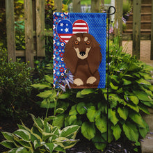 Load image into Gallery viewer, Longhair Chocolate and Cream Dachshund Patriotic Heart Garden Flag – Red, White &amp; Blue Dog Decor with Star Background