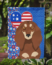 Load image into Gallery viewer, Longhair Chocolate and Cream Dachshund Patriotic Heart Garden Flag – Red, White &amp; Blue Dog Decor with Star Background