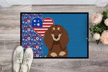 Load image into Gallery viewer, Longhair Chocolate and Cream Dachshund USA American Doormat - 24x36 Decorative Floor Mat – Indoor/Outdoor Rug with Artistic Flair