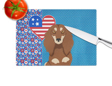 Load image into Gallery viewer, Longhair Chocolate and Cream Dachshund USA American Glass Cutting Boards – Durable, Decorative Kitchen Art Large