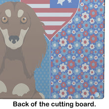 Load image into Gallery viewer, Longhair Chocolate and Cream Dachshund USA American Glass Cutting Boards – Durable, Decorative Kitchen Art Large