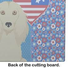 Load image into Gallery viewer, Longhair Cream Dachshund USA American Glass Cutting Boards – Durable, Decorative Kitchen Art Large