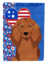 Load image into Gallery viewer, Longhair Red Dachshund Patriotic Heart Garden Flag – Red, White &amp; Blue Dog Decor with Star Background