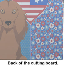 Load image into Gallery viewer, Longhair Red Dachshund USA American Glass Cutting Boards – Durable, Decorative Kitchen Art Large