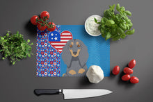 Load image into Gallery viewer, Longhair Blue and Tan Dachshund USA American Glass Cutting Boards – Durable, Decorative Kitchen Art Large