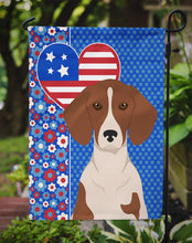 Load image into Gallery viewer, Red Piebald Dachshund Patriotic Heart Garden Flag – Red, White &amp; Blue Dog Decor with Star Background