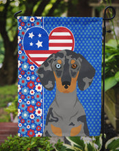 Load image into Gallery viewer, Black Dapple Dachshund Patriotic Heart Garden Flag – Red, White &amp; Blue Dog Decor with Star Background