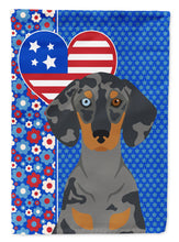 Load image into Gallery viewer, Black Dapple Dachshund Patriotic Heart Garden Flag – Red, White &amp; Blue Dog Decor with Star Background