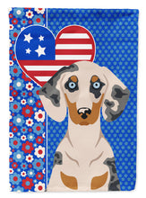 Load image into Gallery viewer, Cream Dapple Dachshund Patriotic Heart Garden Flag – Red, White &amp; Blue Dog Decor with Star Background