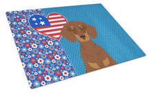 Load image into Gallery viewer, Chocolate and Tan Dachshund USA American Glass Cutting Boards – Durable, Decorative Kitchen Art Large