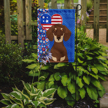 Load image into Gallery viewer, Chocolate and Cream Dachshund Patriotic Heart Garden Flag – Red, White &amp; Blue Dog Decor with Star Background